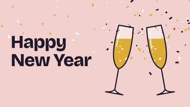 Two champagne flutes clink and confetti falls beside Happy New Year text on a pink background