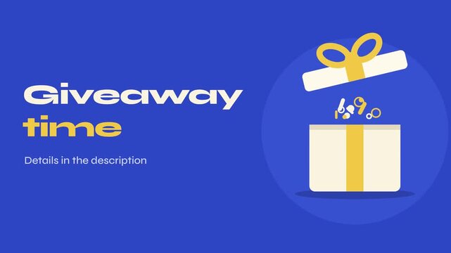 Giveaway time announcement with a gift box dropping in and popping open with a yellow ribbon on cobalt blue