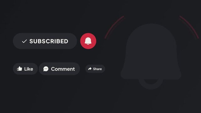 Cursor clicks a red subscribe button and notification bell on a dark background, then like, comment and share light up