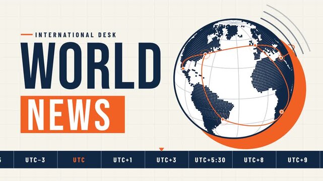 Dotted globe spins with orange links between hubs beside bold world news text and time zone ruler