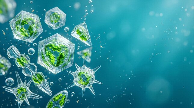 Microscopic view of green plant cell structures and geometric crystal organisms