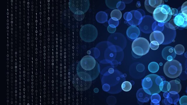 Digital binary code flowing into abstract blue bokeh lights background