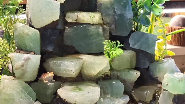 cute little frog resting on green rock waterfall decoration in terrarium enclosure habitat setup
