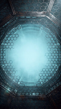 Broken hexagonal metal security mesh surrounding a glowing blue opening. Cybersecurity, digital protection and network defense concept. Abstract technology background with central copy space
