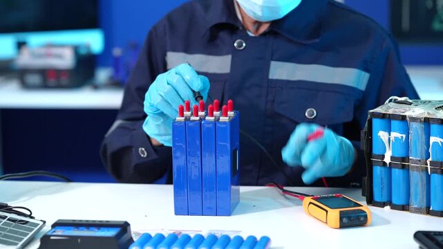 Technician in gloves and face mask tests a blue battery pack with a multimeter beside used cylindrical cells in an electronics workshop