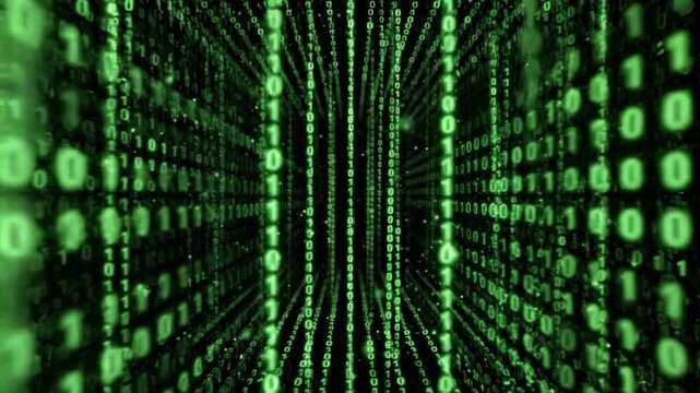 Digital binary code matrix background - 3D rendering of a scientific technology data binary code network conveying connectivity, complexity and data flood of modern digital age
