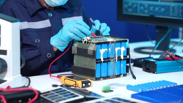 Technician wearing gloves tests a lithium battery pack with probes at an electronics repair bench.