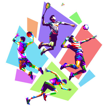 Colorful WPAP pop art sports mix set featuring various athlete illustrations in low poly vector style