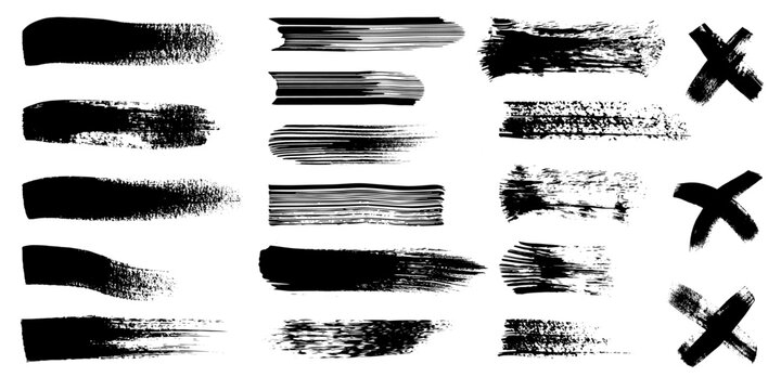 Paint brush, ink splatter, crosses, stains and paint strokes. Set of ink grunge paintbrush strokes and splash of paints. Artistic textures collection. Dirty vector design elements, backgrounds