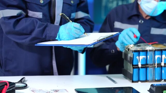 Technicians in protective workwear inspect battery cells with test probes and clipboard in an industrial workshop.