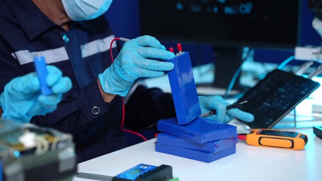 Technicians wearing masks and gloves test a blue battery cell with probes beside a laptop and electronic tools in a modern repair workshop.