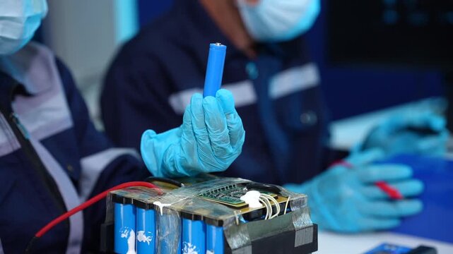 Gloved technicians inspect a lithium battery pack and hold a blue battery cell during electric vehicle repair or recycling work.