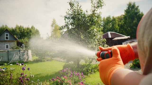 Gardener sprays plants with a garden hose. Hands wear bright orange gloves. Sunlight glows through green trees. Purple flowers bloom in foreground. House stands in background