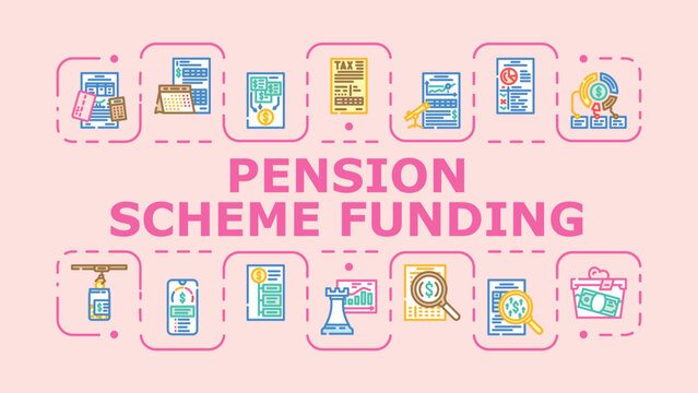 Pension scheme funding banner infographic. Surplus benefits, deficit reserve, trustee employer icon vector illustration