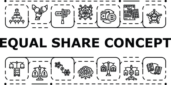 Equal share concept banner infographic. Allocation balance, mutuality consensus, fairness justice icon vector illustration