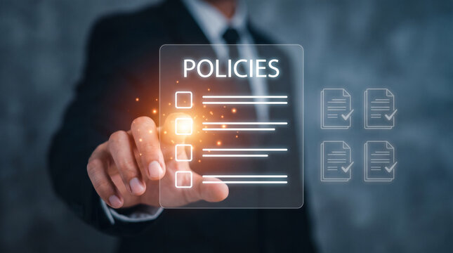 Businessperson reviewing company policies on a digital interactive interface, highlighting compliance and strategic planning