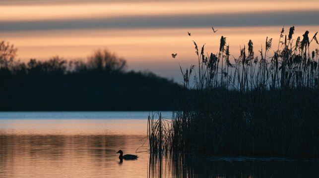 Dusky Wetlands: Shadowy Vegetation, Floating Duck, and Graceful Butterflies over a Water&acirc;&euro;&trade;s Edge