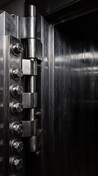Heavy steel security door with reinforced hinge and locking hardware. Physical access control for secure facilities. Industrial protection and infrastructure security.