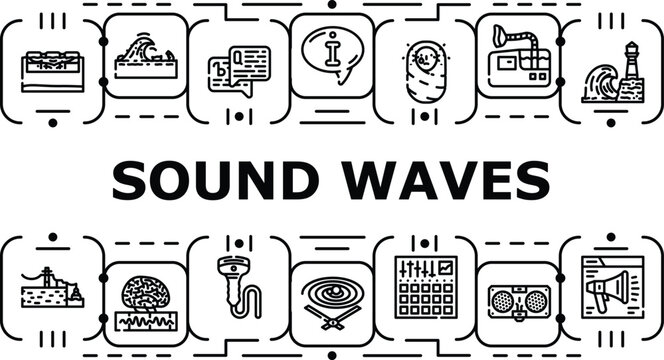 Sound waves banner infographic. Pressure energy, pitch resonance, amplitude medium icon vector illustration