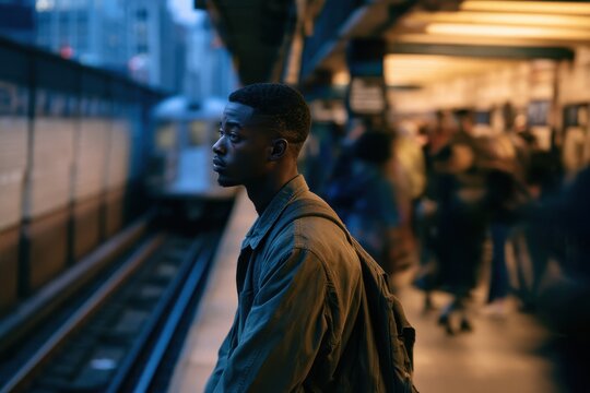 Exhausted urban traveler paused on platform under cool city lights