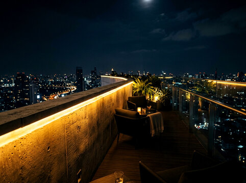 Luxury rooftop terrace edge at night, warm gold accent on raw concrete parapet, skyline barely visible below