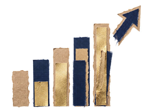 Business growth bar chart upward arrow made of torn cardboard blue denim fabric and gold foil isolated on black background financial success progress investment profit upward trend handmade collage ar