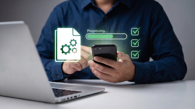 Person interacting with a smartphone for data processing and file management, showing progress bar and checklist on screen