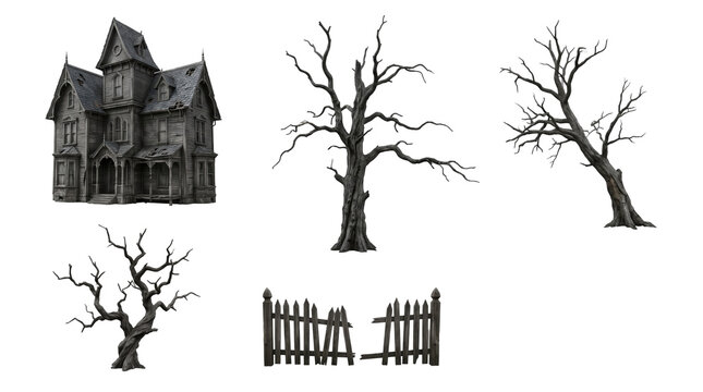 Haunted victorian mansion with bare dead trees and broken wooden picket fence for halloween scenes isolated on a transparent background