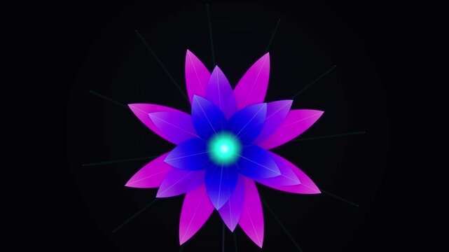 A vibrant purple and neon blue botanical bloom radiates glowing energy from its central point while creating an artistic display of symmetrical floral beauty that captivates the viewer