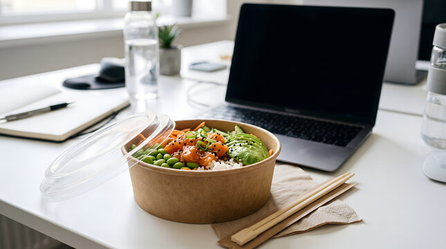 Salmon poke bowl in eco kraft takeaway container on white office desk with laptop, healthy lunch at work