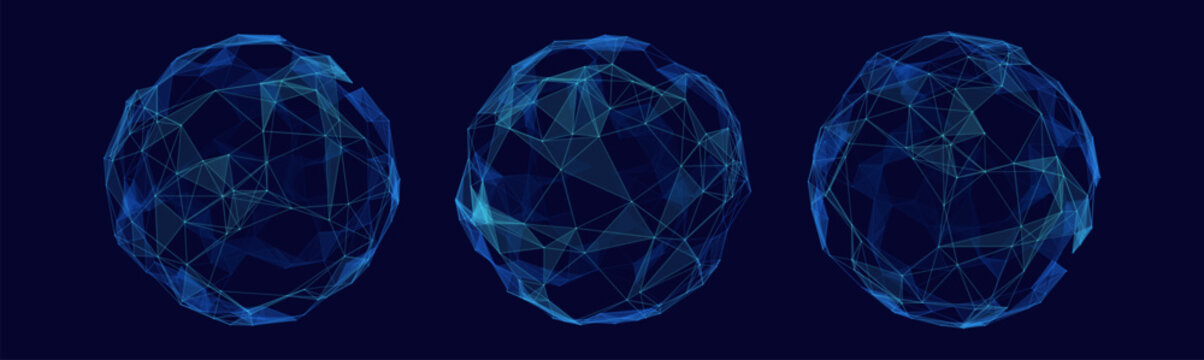 Blue digital technology network set of plexus spheres and collection of global network 3d cyber globes glow nodes on dark background for big data visualization science AI projects