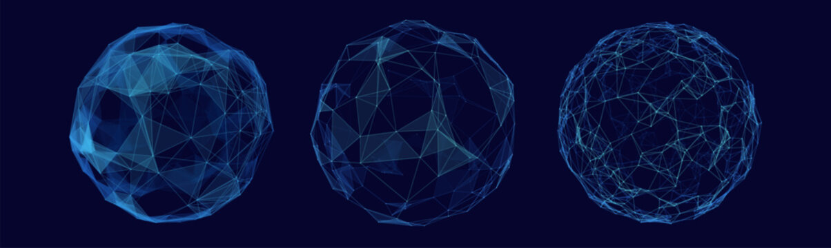 Blue digital technology network plexus structure sphere set or 3d cyber globes with neon grid line and dots on dark background for big data visualization connection network science AI illustration