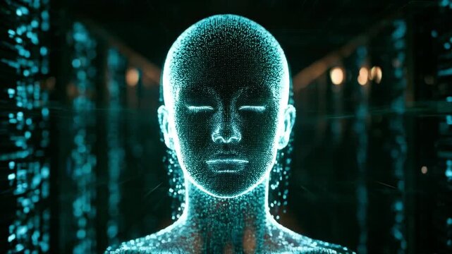 AI Female Face Forming from Digital Particles in Data Center - Futuristic Artificial Intelligence Concept