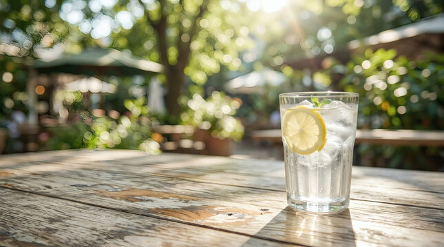 木漏れ日が降り注ぐテラスの木製テーブルに置かれた冷たいレモンウォーター 爽やかな夏のオープンテラス コピースペース