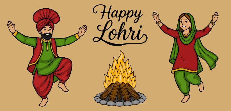 Happy Lohri vector illustration with dancing Punjabi couple and traditional bonfire