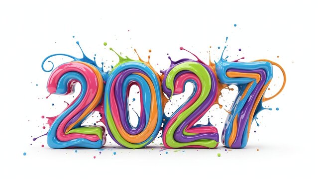 Vibrant multicolored fluid liquid paint splashes shaping number two thousand twenty seven year date on white background