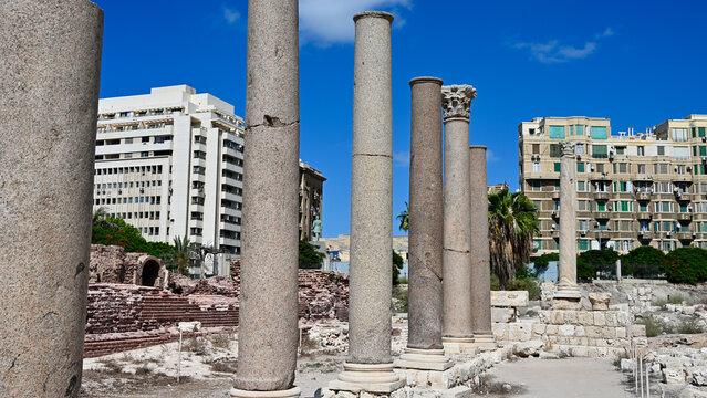 Ancient Colonnade Ruins from Roman Era Alexandria, Egypt