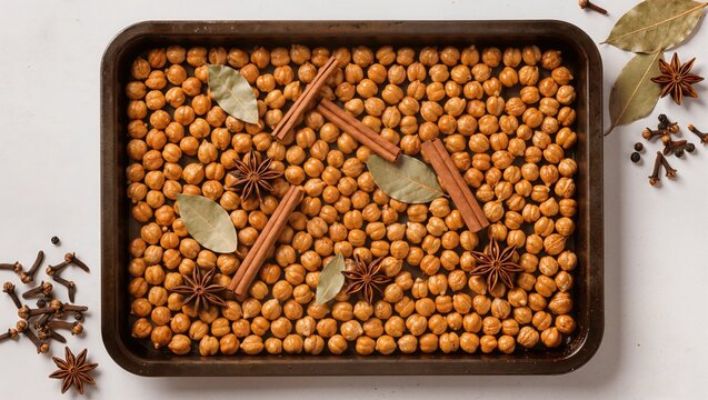 Roasted chickpeas with spices on a baking tray, overhead view