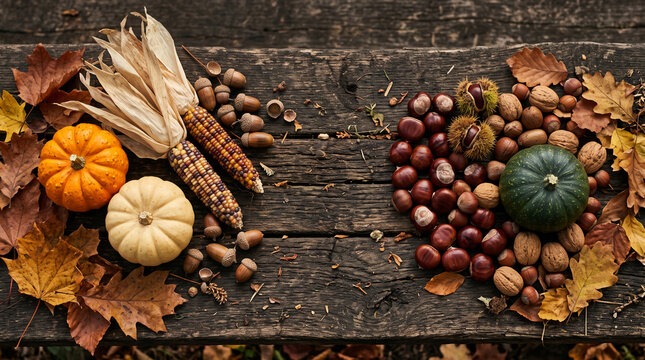 Autumn harvest arrangement with pumpkins, corn, acorns, chestnuts, nuts and dry leaves on a rustic wooden surface, representing seasonal bounty and nature's abundance