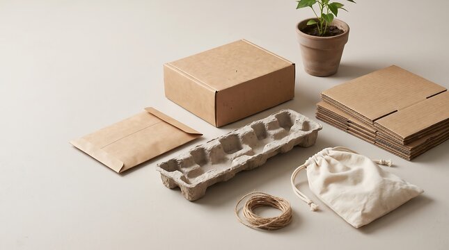 Set of eco-friendly sustainable packaging materials including cardboard boxes and paper bags.
