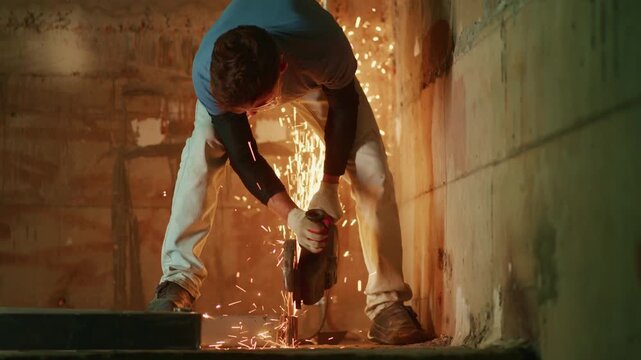 Worker cuts metal, sparks fly in dim light. Focused, he grips tool with determination. Dusty walls frame the gritty industrial scene. Ideal for construction, renovation, or industrial projects