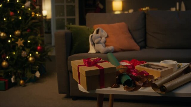 Holiday gift box, wrapping paper rolls, festive ribbons resting on table near illuminated Christmas tree. Footage ideal for winter holiday advertising, seasonal sales promotions, festive marketing