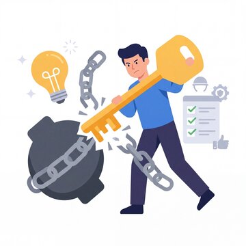 Man breaking heavy iron chains with a giant golden key