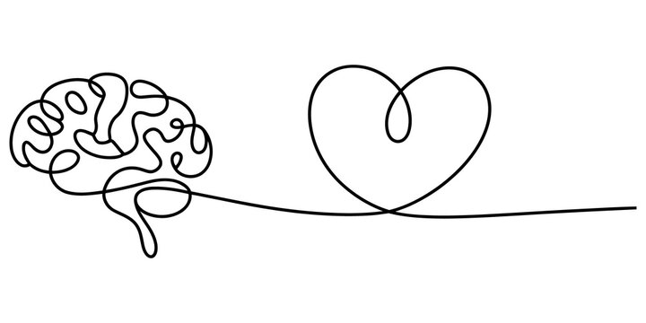Continuous line drawing of a human brain and heart shape isolated on transparent background
