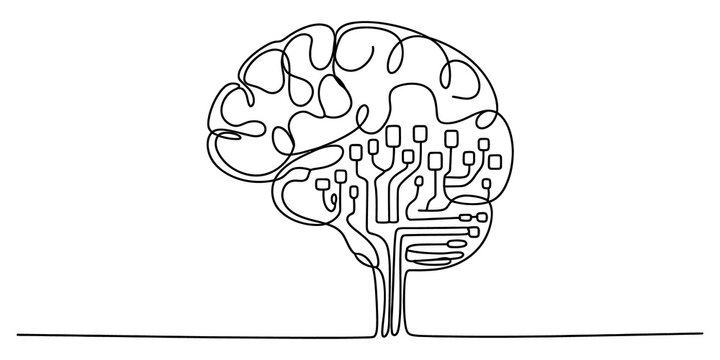Continuous single line drawing of digital human brain isolated on transparent background