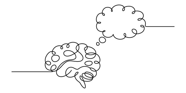Continuous line drawing of human brain with thought bubble isolated on transparent background