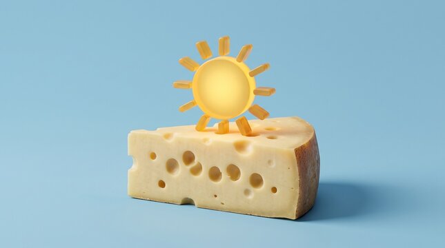 Cheese block with sun symbol on top, Calcium vitamin D dairy concept for bone health and nutrition content