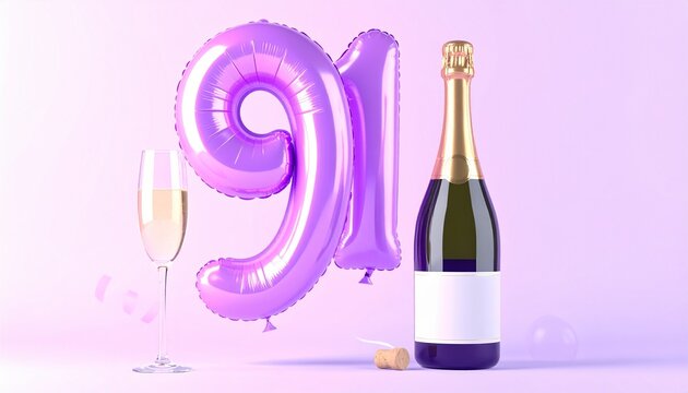 Birthday and Anniversary Celebration with Champagne and Number 91 Balloon