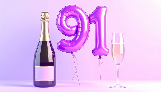 Birthday and Anniversary Celebration with Champagne and Number 91 Balloon