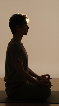Silhouette profile of a man meditating in a zazen pose against a warm golden hour sunset light, Side view, Copy space on the top, Vertical image
